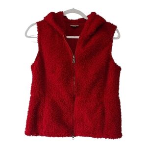 J. Jill Red Teddy Bear Fleece Full Zip Hoodie Vest Women’s Small Cozy